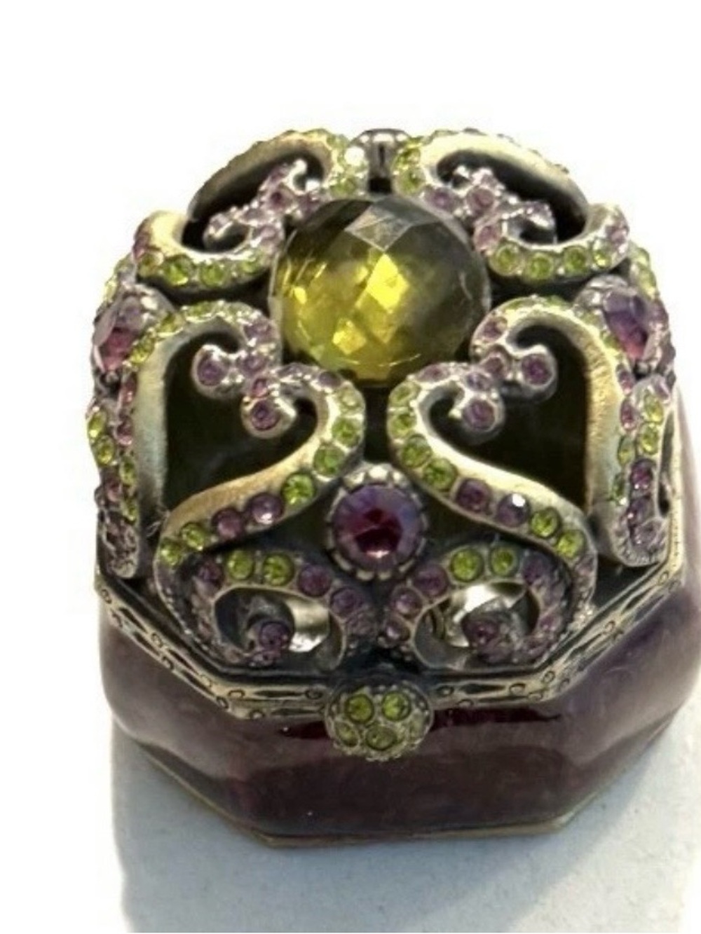 Hinged Trinket Dish Container Green and Purple Crystal Statement